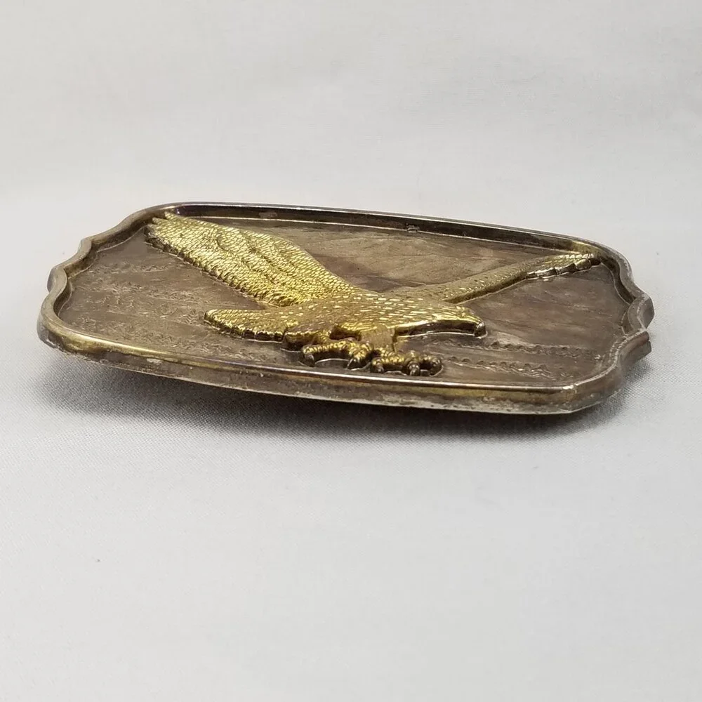 Vintage Belt Buckle American Gold‎ Eagle Flying Landscape Mountains Gold Color